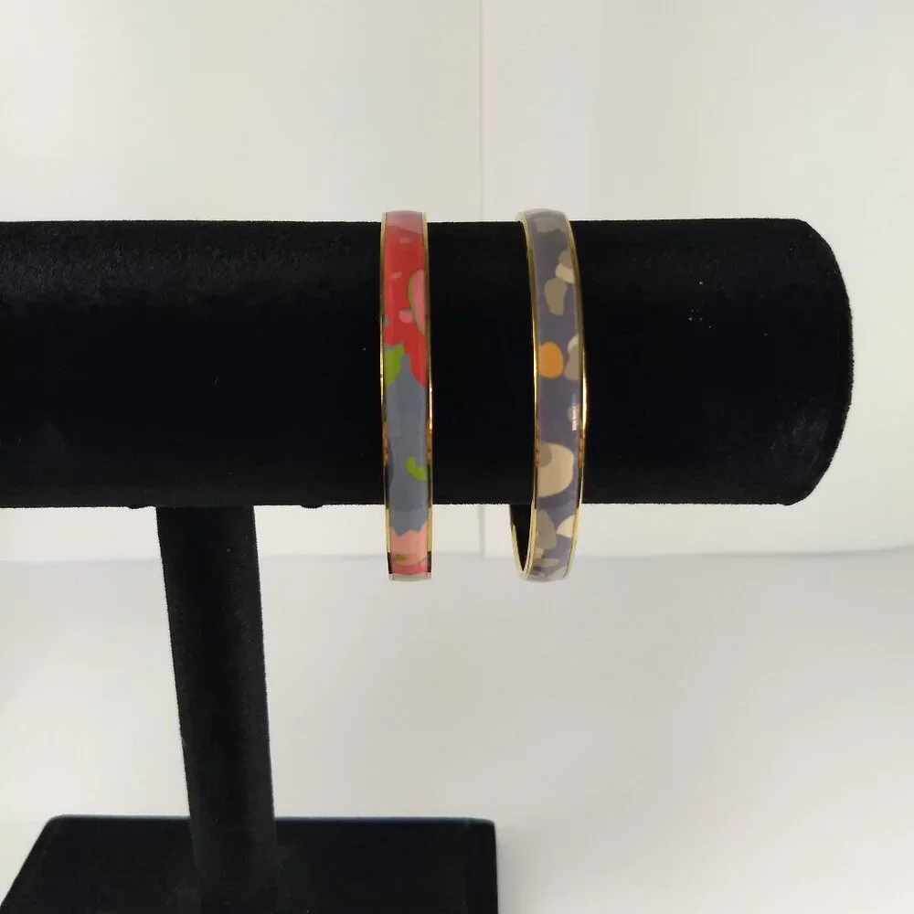 J. Crew Abstract Pattern Enamel Bangle Bracelet Set 2 Stackable Gold Tone Modern